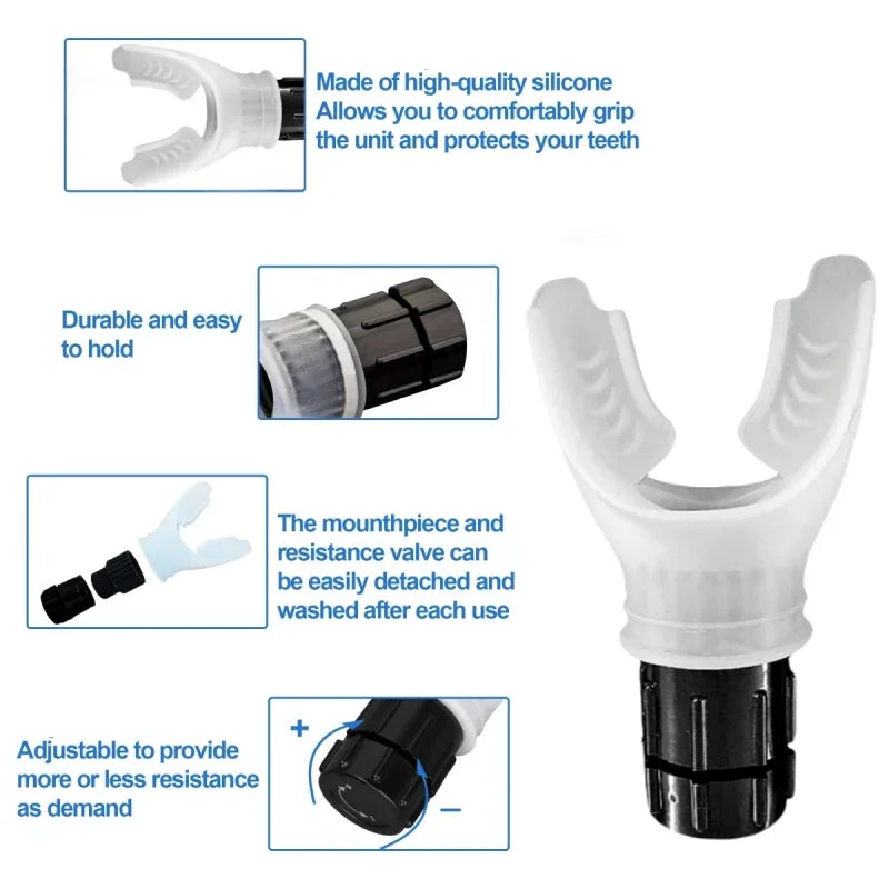 Entrenador de respiración negro, flexor pulmonar, ejercitador de fitness duradero que aumenta la capacidad pulmonar.Breath Adjustable Levels Respiratory